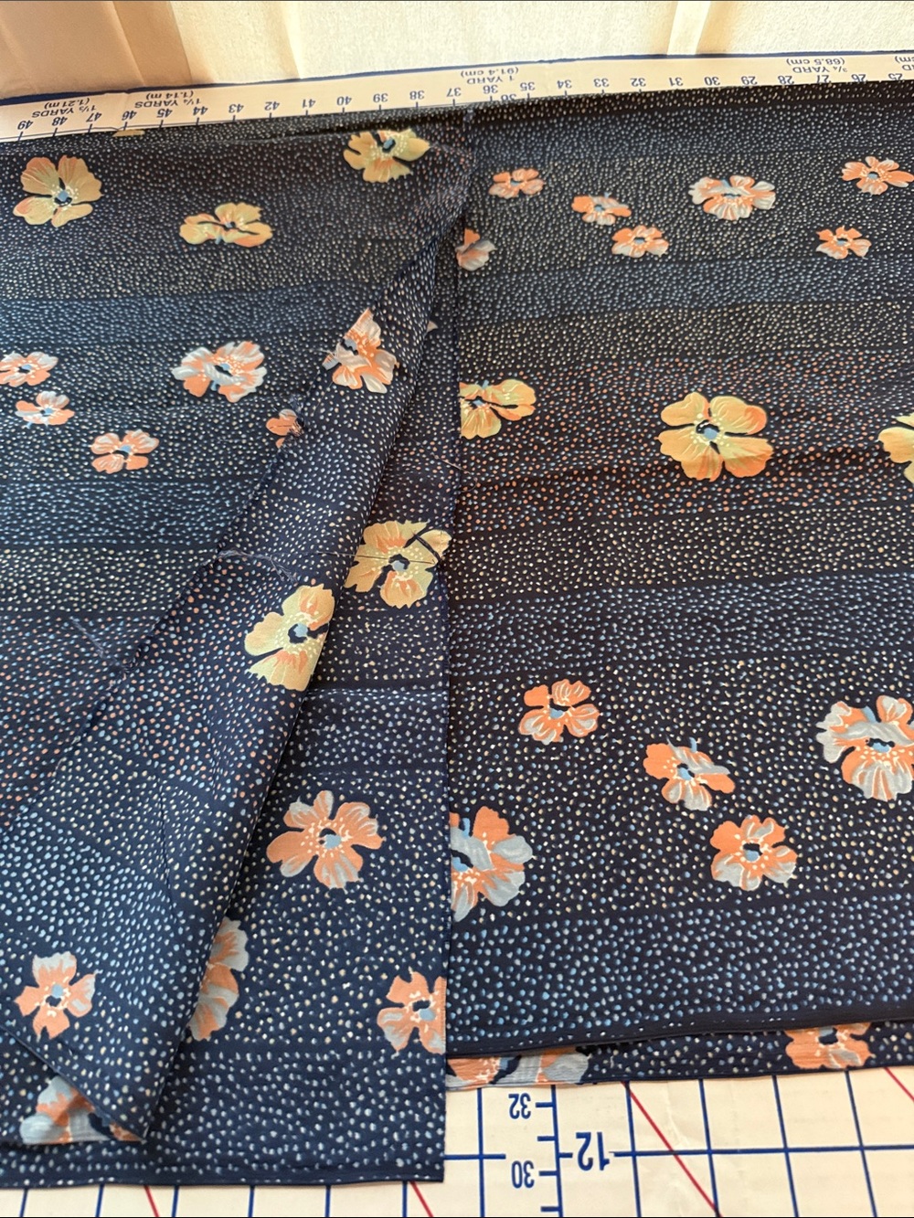 Vintage 1980s Floral Dot Stripe Fabric Navy Peach Blue 5 Yards x 44” Apparel - Picture 6 of 11